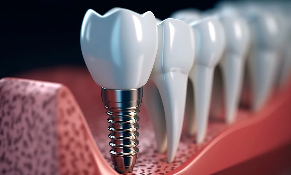 Implante dental de titanio insertado en el hueso maxilar, mostrando su integración con dientes naturales en una simulación 3D de alta calidad de un procedimiento dental